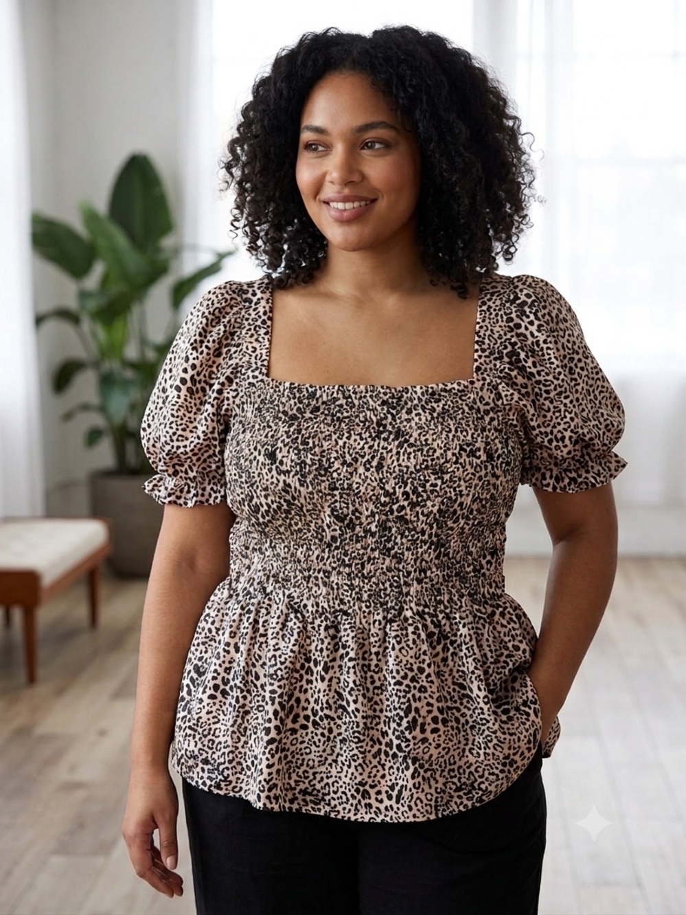 Sweet Rain Beige and Black Smocked Leopard Puff Sleeve Top✨